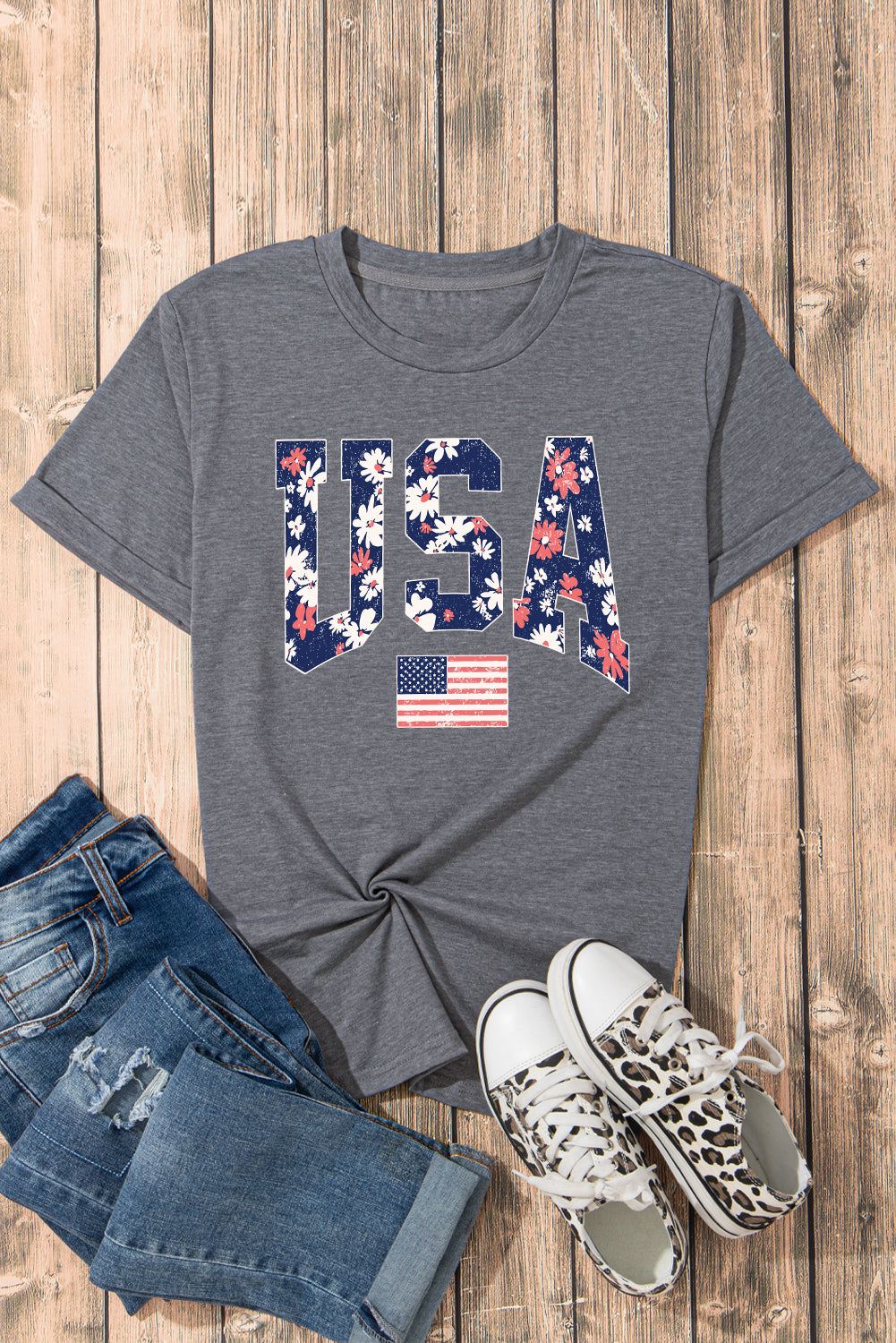 Gray Floral USA Flag Graphic Roll Up Sleeve Tee